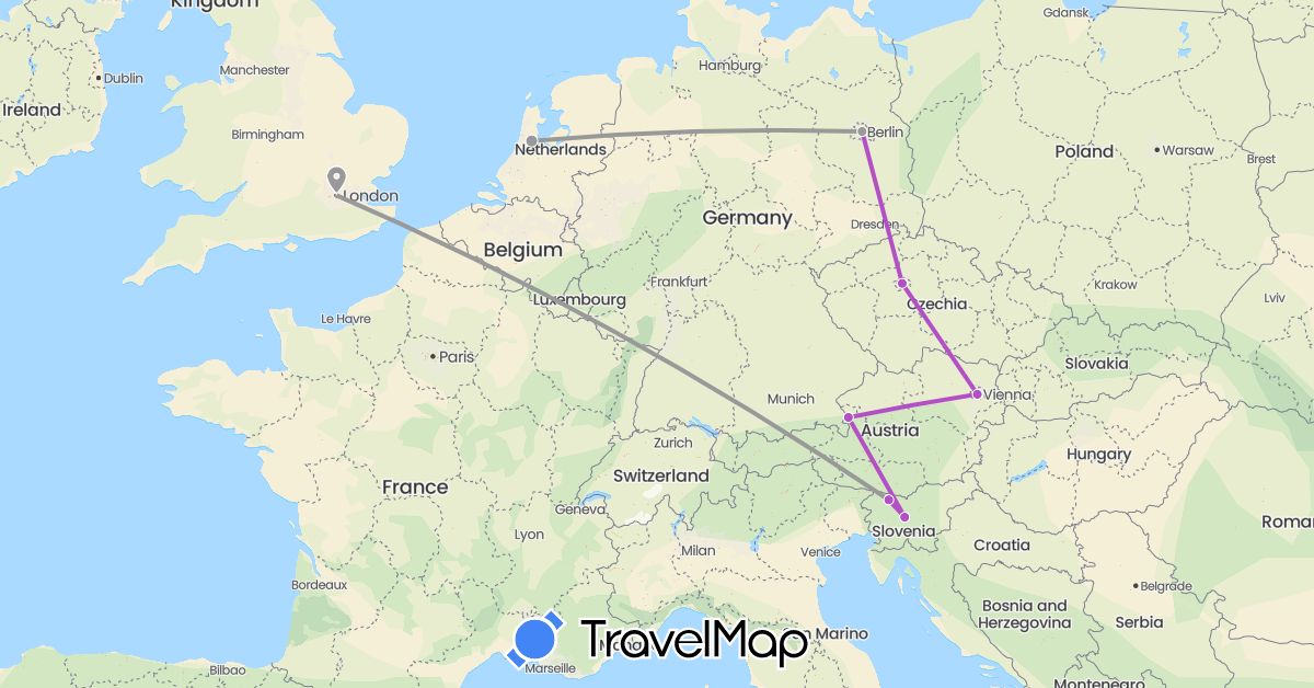 TravelMap itinerary: driving, plane, train in Austria, Czech Republic, Germany, United Kingdom, Netherlands, Slovenia (Europe)